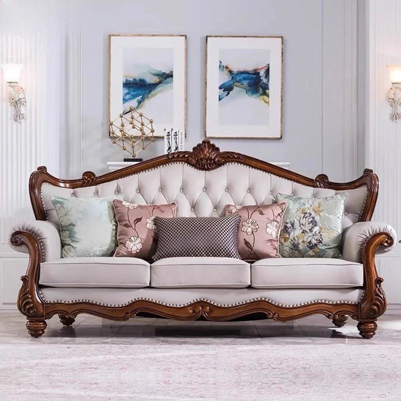 Sofa solid wood retro leather buckle three-person European high-end luxury large apartment sofa living room furniture