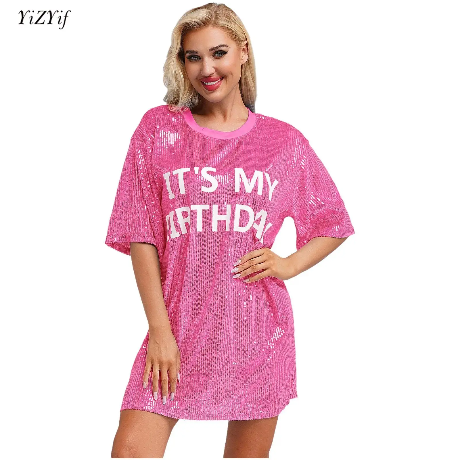 Women Glitter Sequins Y2K Shirt Dress Loose Round Neck Short Sleeve Above Knee Length Mini Dress Fashion Party Dance Club Wear