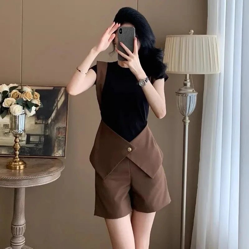 

Straight Cotton T Shirt Vintage Clothing Women's Short Sets 2 Pieces Trend 2025 Top and Bottom Summer Fashion Kit Female Shorts