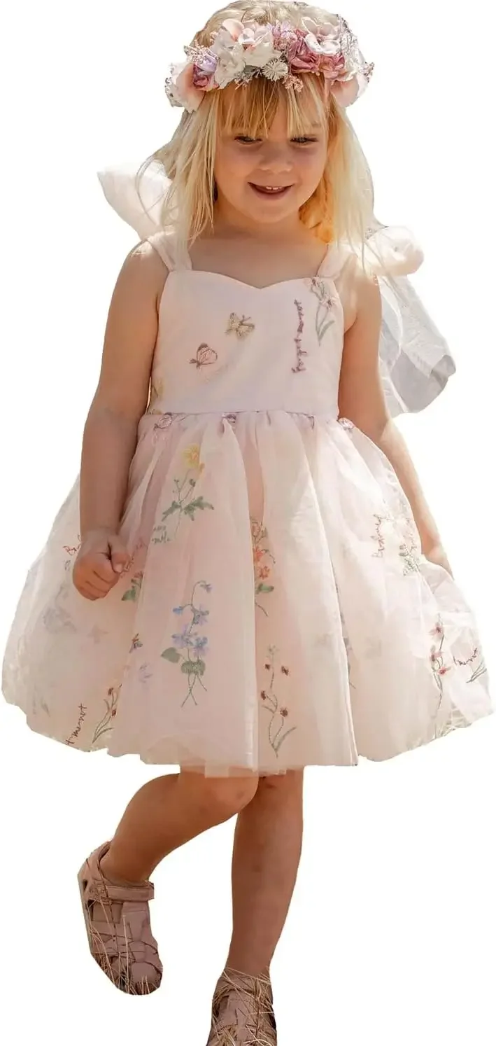 Ballkleid-Blumenmädchenkleider für die Hochzeit, kurzes, mit Blumenspitze besticktes Tüll-Kleid für Kinder, Festzug, Prinzessinnenkleid für Mädchen