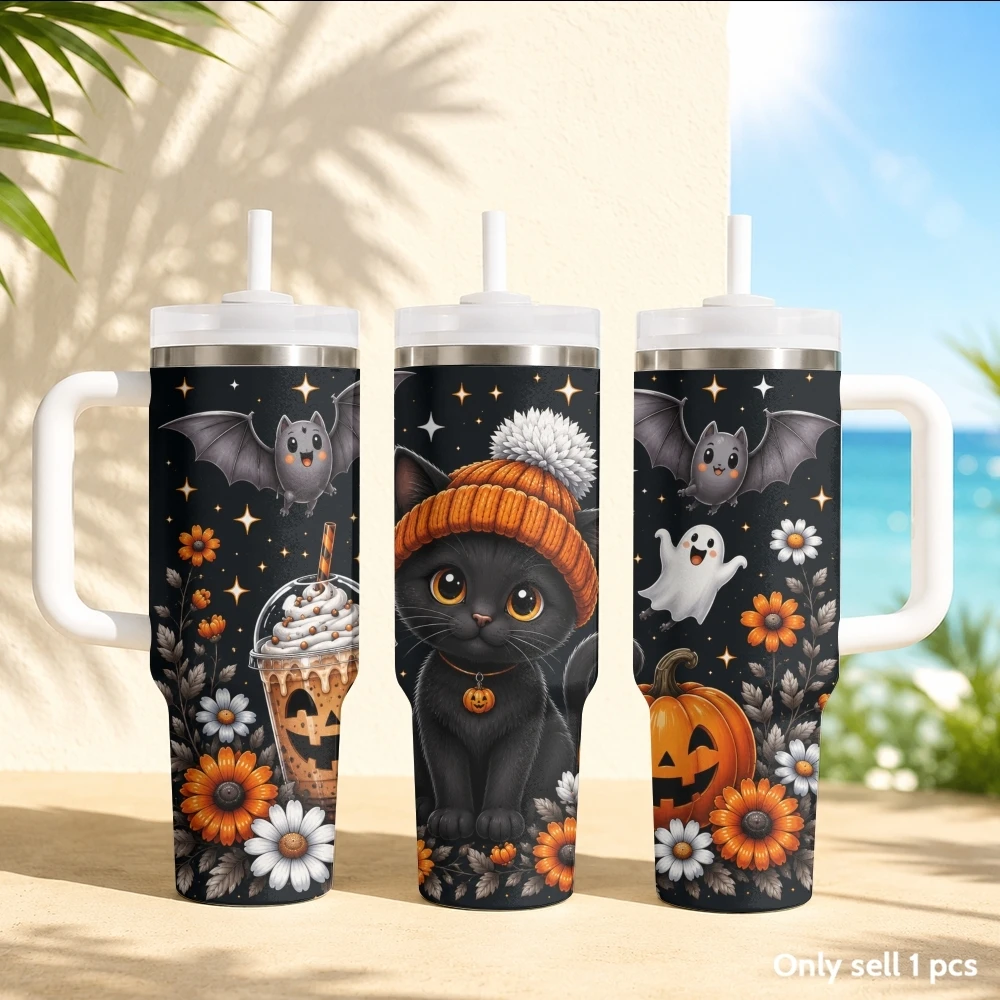 Halloween pumpkin ghost Vacuum Flasks 40oz Stainless Steel Insulated Tumbler with Handle & Straw Leakproof Travel Mug