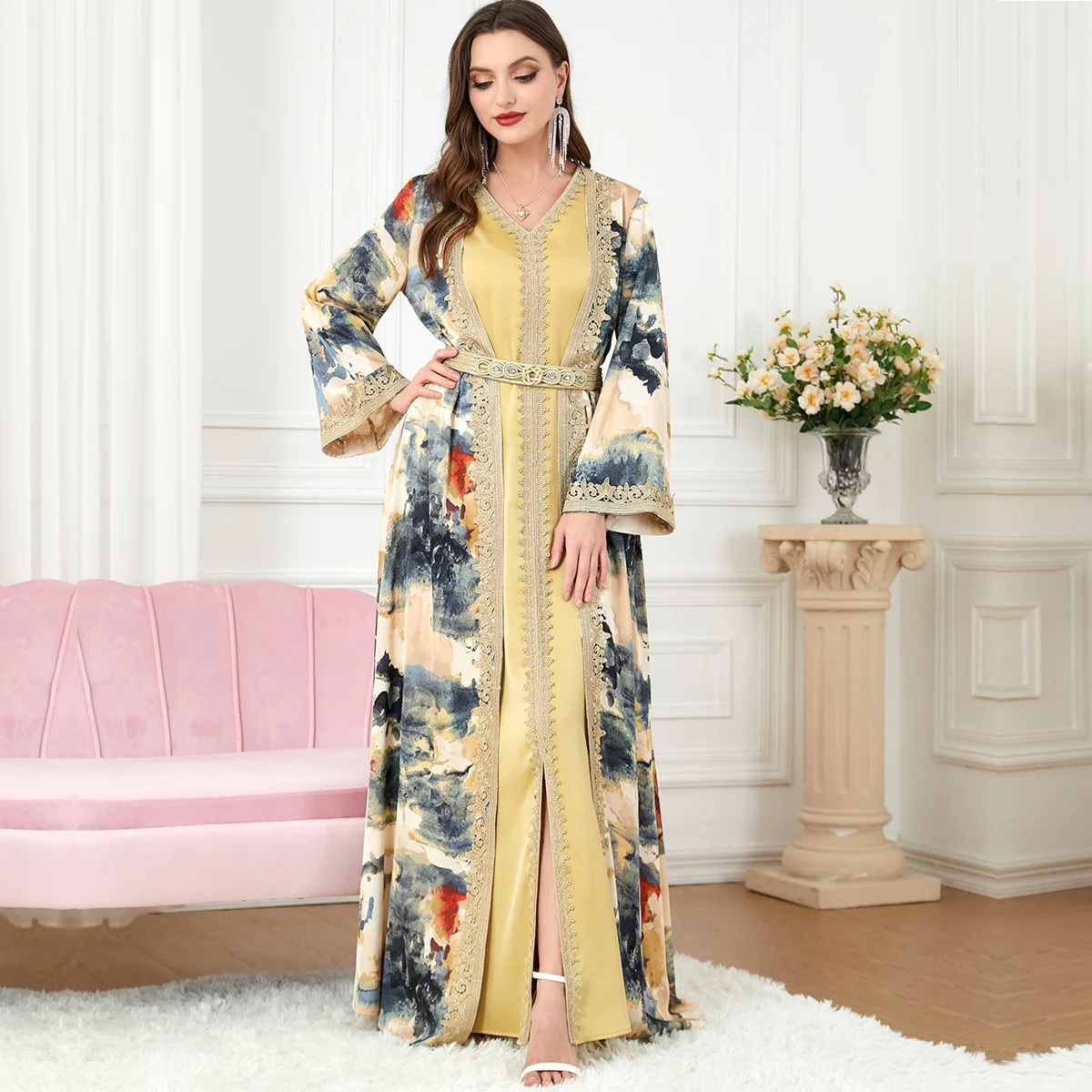 Elegant Floral Printed Guipure Lace Panel Belted Dress Luxury Two-piece Long Dresses Abayas For Women Muslim Sets Ramadan