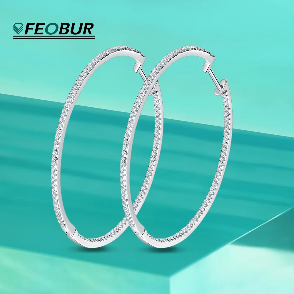 FEOBUR 1.1mm Real Moissanite Hoop Earrings for Women 50mm Big Size Circle 925 Sterling Silver Diamond Hoops Trendy Fine Jewelry