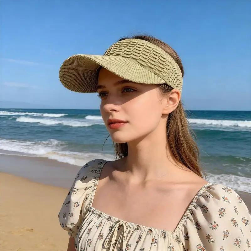 Fashion Folds Design Solid Color Large Brim Sunscreen Hat Outdoor Elastic Fabric Sports Sun Cap Knitted Empty Top Sun Hat〔CC55〕