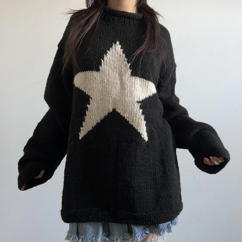 Dourbesty Star Pattern Sweaters Harajuku Vintage Aesthetics Jumpers Grunge Retro Knit Sweater Autumn Winter Baggy Pullovers Tops