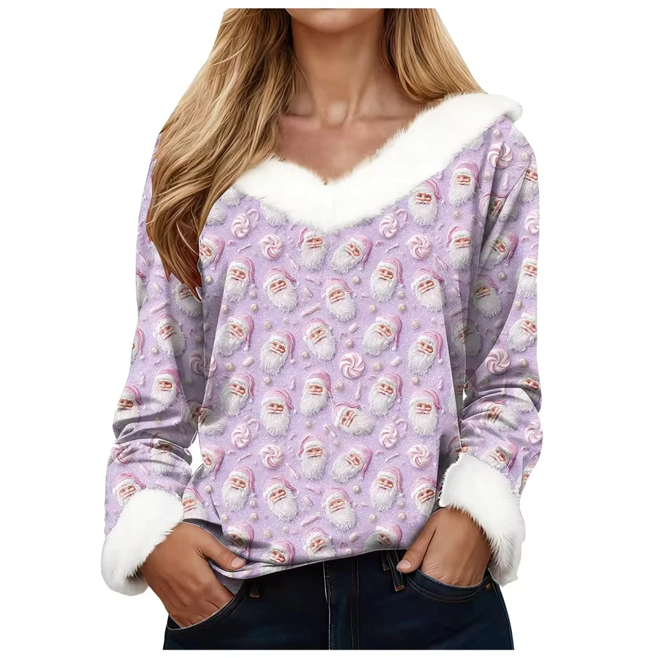 

Ladies Pullover Christmas Print V Neck Sweater Casual Loose Long Sleeve Top Ladies Comfortable Shirts Femme Crop Tops