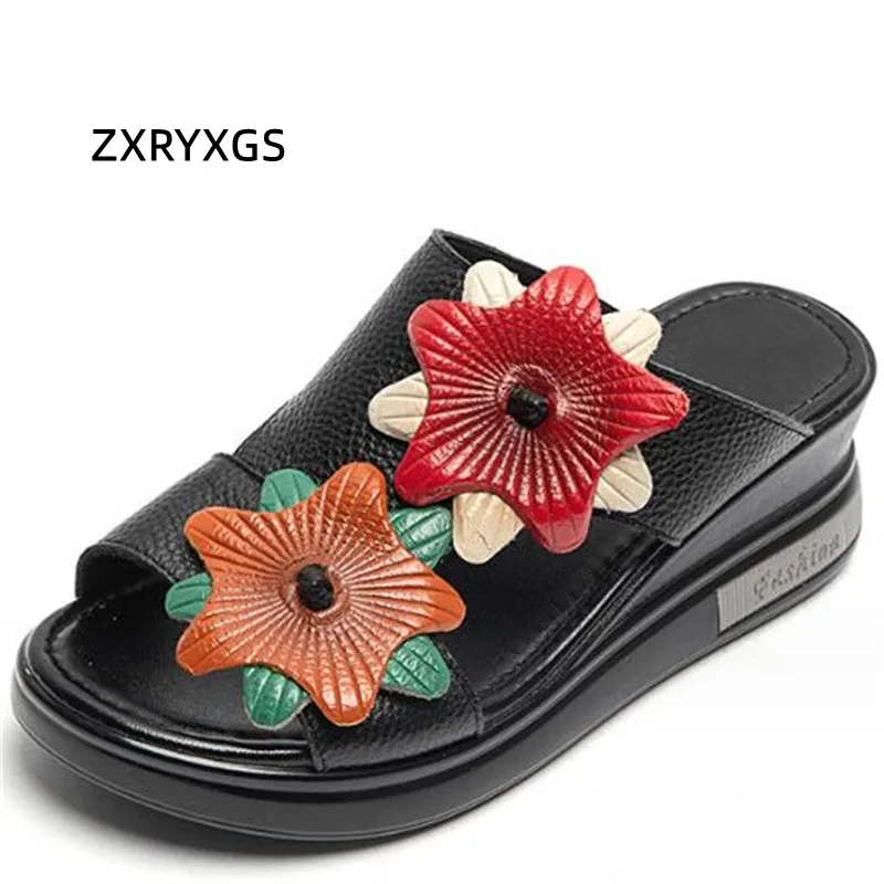 

ZXRYXGS Classic Flower Spell Colors Cow Leather Sandals Women Fashionable Slippers 2024 Summer Wedges Sandals Outerwear Slippers