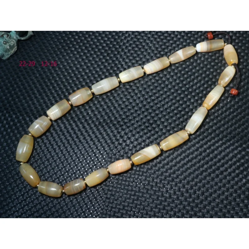 Energy Tibetan Top Old Agate Natural Silkworm Lines Tube dZi Bead Prayer Strand