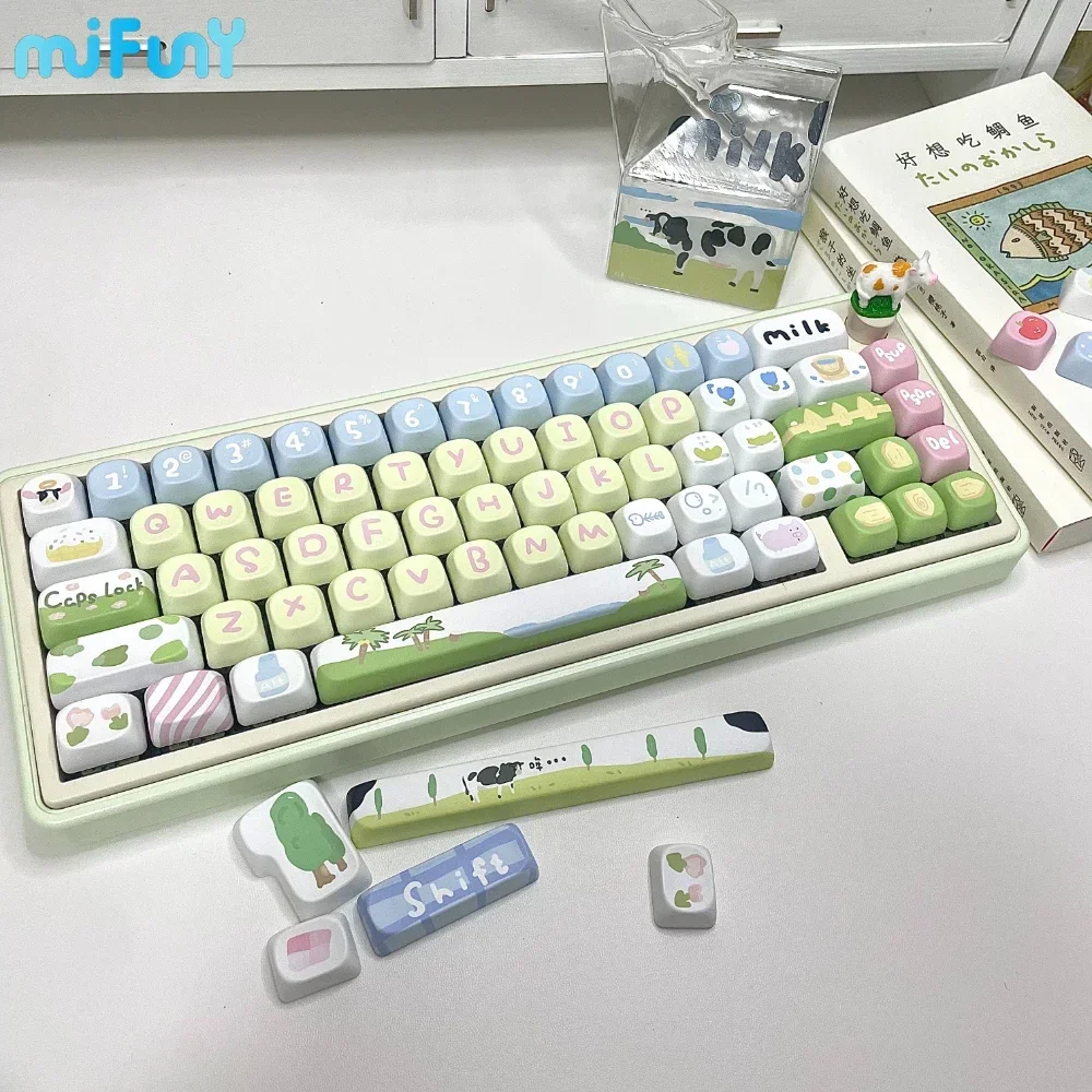 Niuniu Yeye Keycap Personalized Cute Cow Anime Keycaps MOA/SOA PBT Full Set Kawaii Key Cap Ergonomical for Mechanical Keyboards