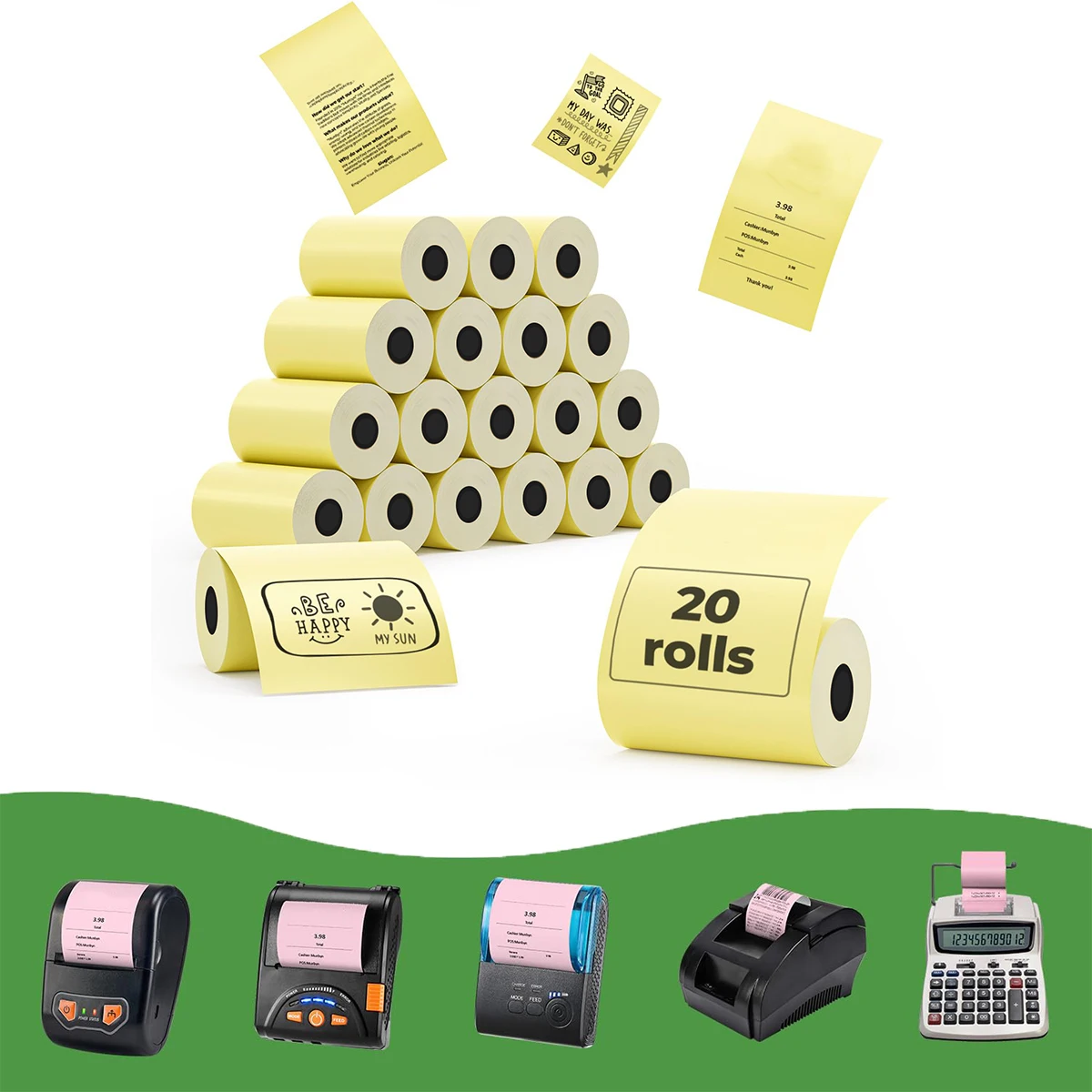 Rolos de papel térmico para recibos, rolos amarelos de papel de recibo de alta qualidade, compatível com todos os sistemas pos, caixas registradoras, pequenas empresas