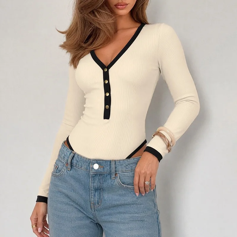 Women's Fashion Skinny Bodysuits New Autumn One-Piece Top with Lapel Contrasting Color Ribbed and Brushed One-Piece Clothing