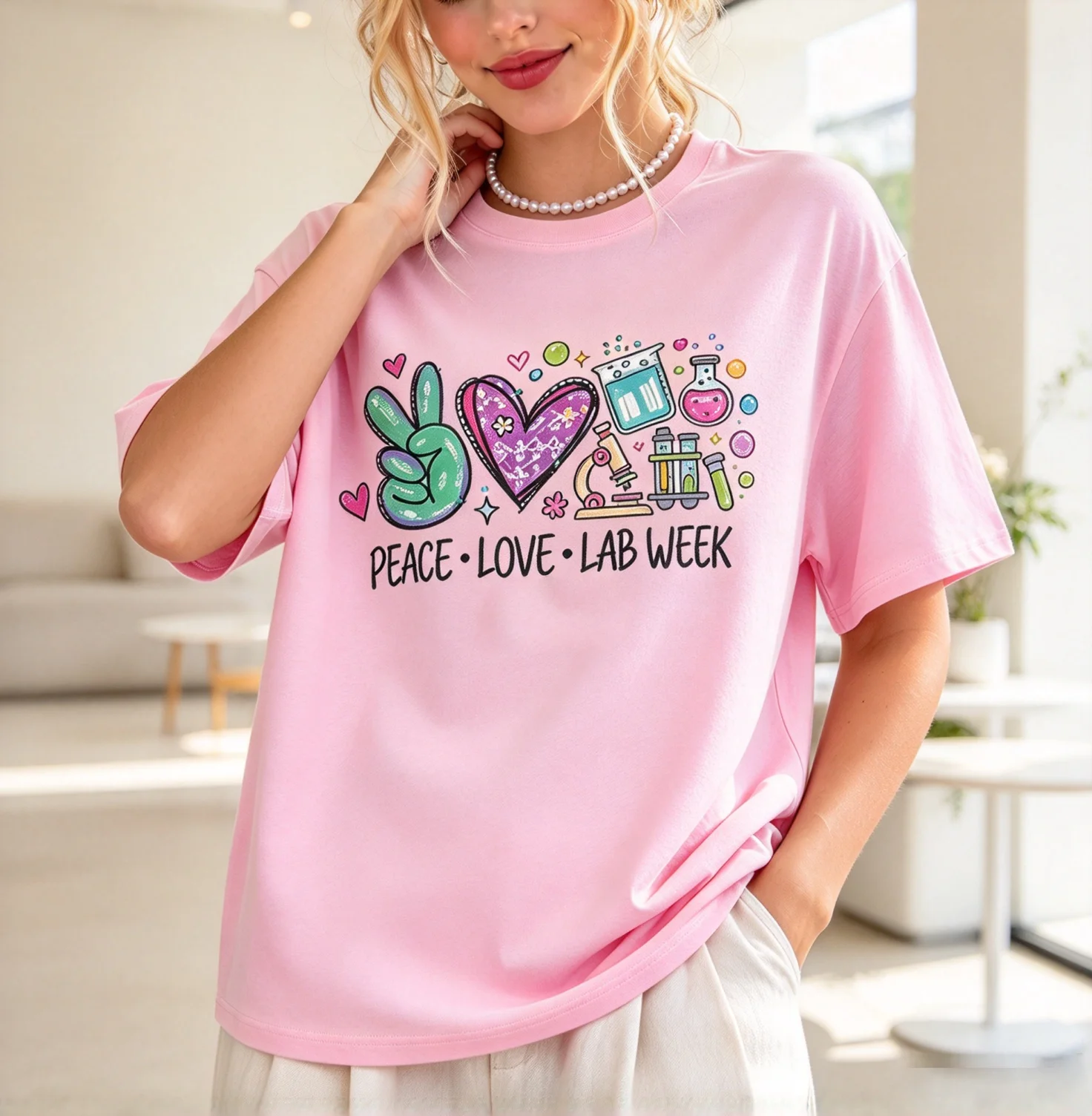 Women Peace Love Lab Week Science Lab Technician Graphic T Shirt Colorful Hand Drawn Lab Equipment Short Sleeve Tees