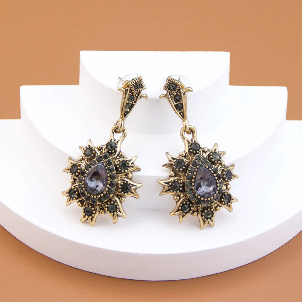 Sunspicems Antique Gold Color Bohemia Women Earring Vintage Turkish Gray Crystal Star Drop Earring Indian Bridal Wedding Jewelry