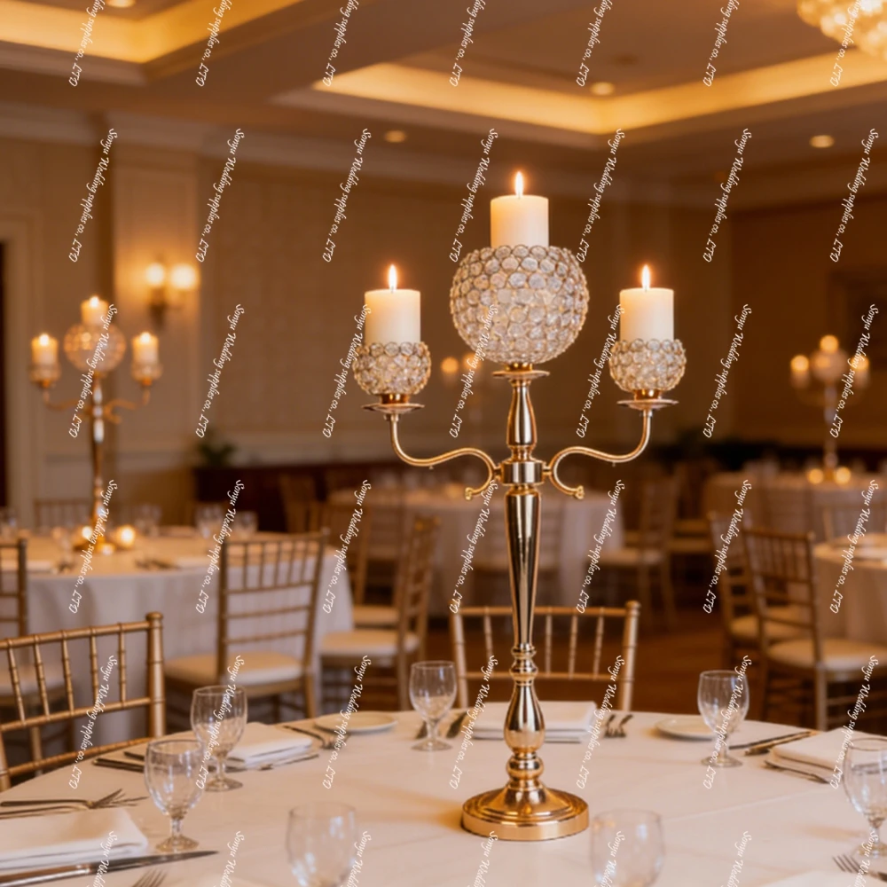 3 Arms Acrylic Crystal Chandelier Gold Metal Candle Holder Wedding Decoration Table Centerpieces Candelabra Party Event Decor