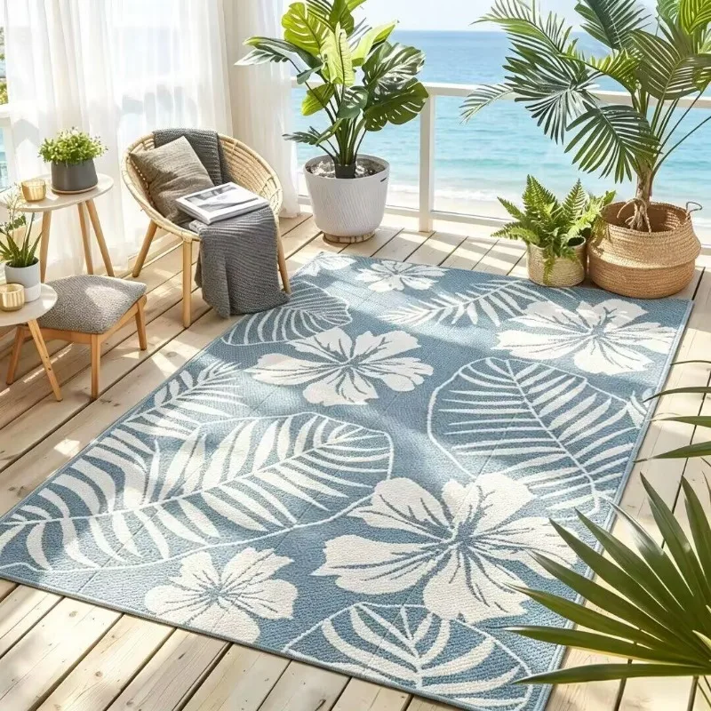Soft Printed Carpet Fresh Tropical Hibiscus Palm Leaf Blue Floral Large Floor Carpet for Balcony Patio Indoor Outdoor Home