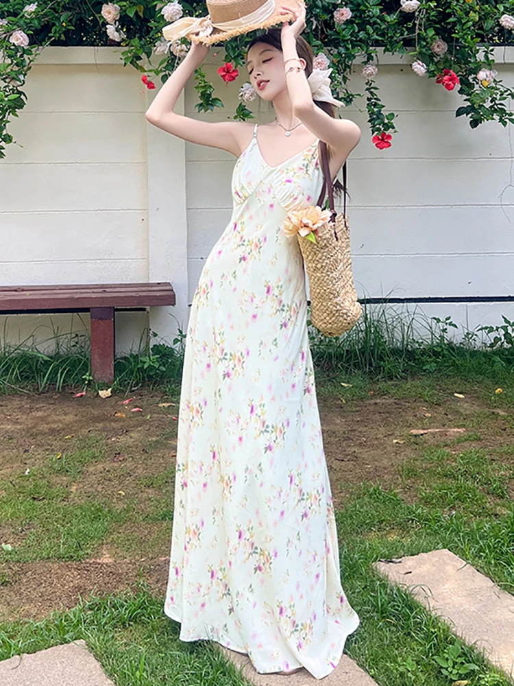Mulheres estilo praia floral com decote em v sexy estilingue vestido de verão elegante casual vestido de férias 2025 nova moda coreana vestidos maxi de luxo