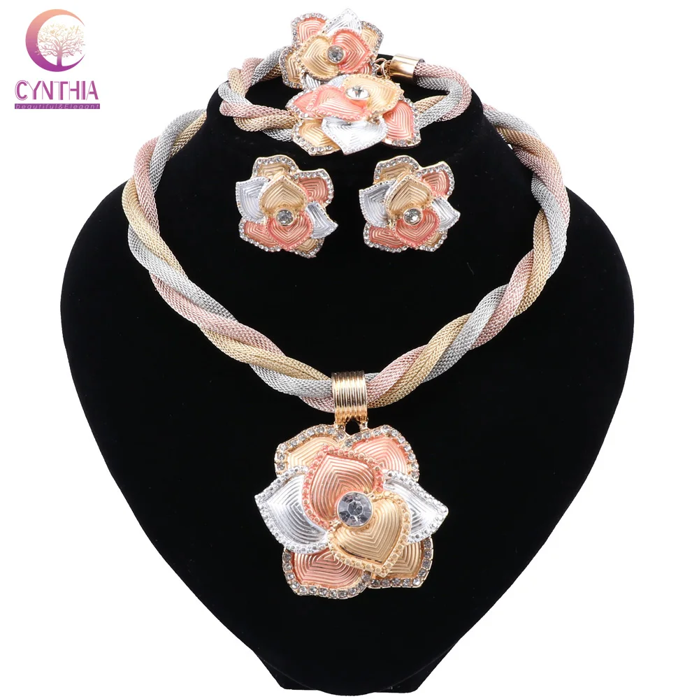 CYNTHIA Fashion Elegant Flower Pendant Necklace Jewelry Sets Luxury Crystal Dubai Bride Wedding Gold Color Jewelry Accessories