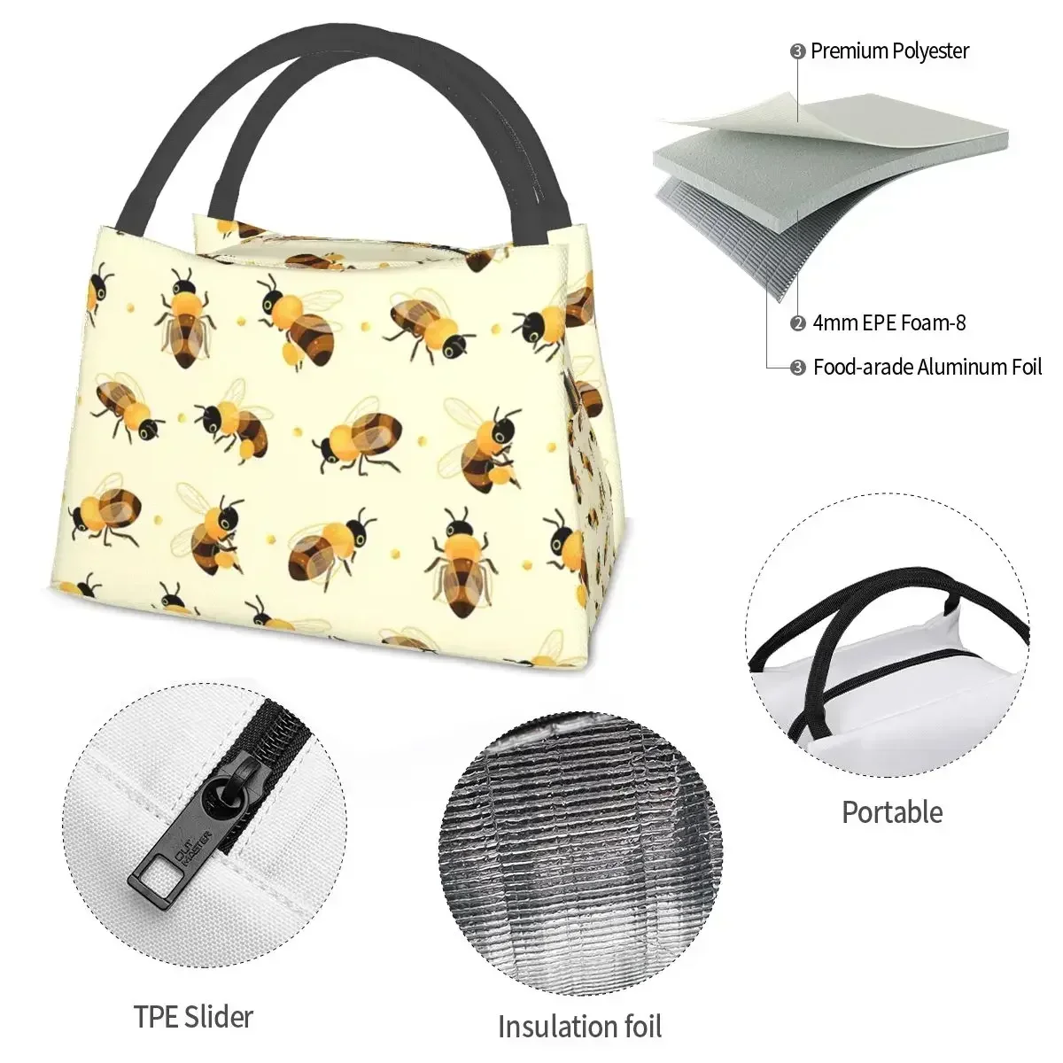 Lancheira Bento Isolada para Mulheres, Tote de Piquenique Portátil, Sacos de Almoço Abelhas Mel, Refrigerador, Bolsa Térmica para Estudante, Viagem