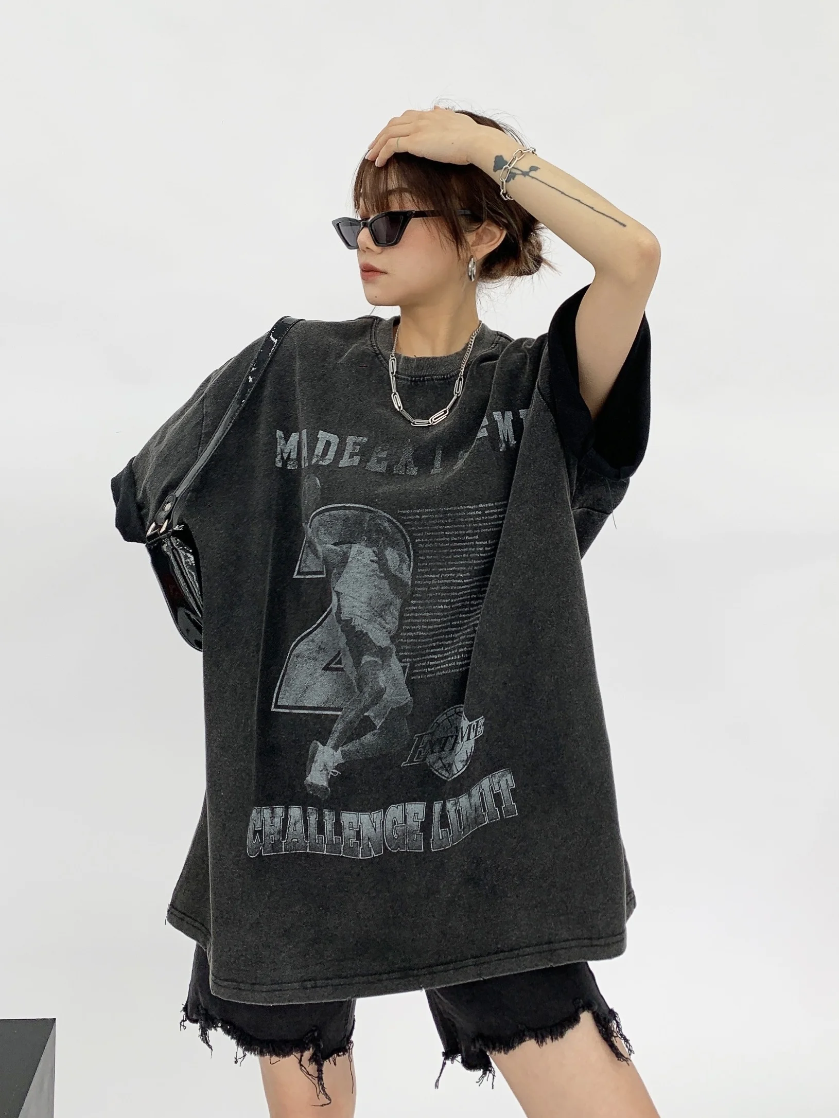 

Street Sle Oversize Couple T-irts f Sve Loose Fit Heavy Print Vintage ort Sve Women's Cotton round Ne Top