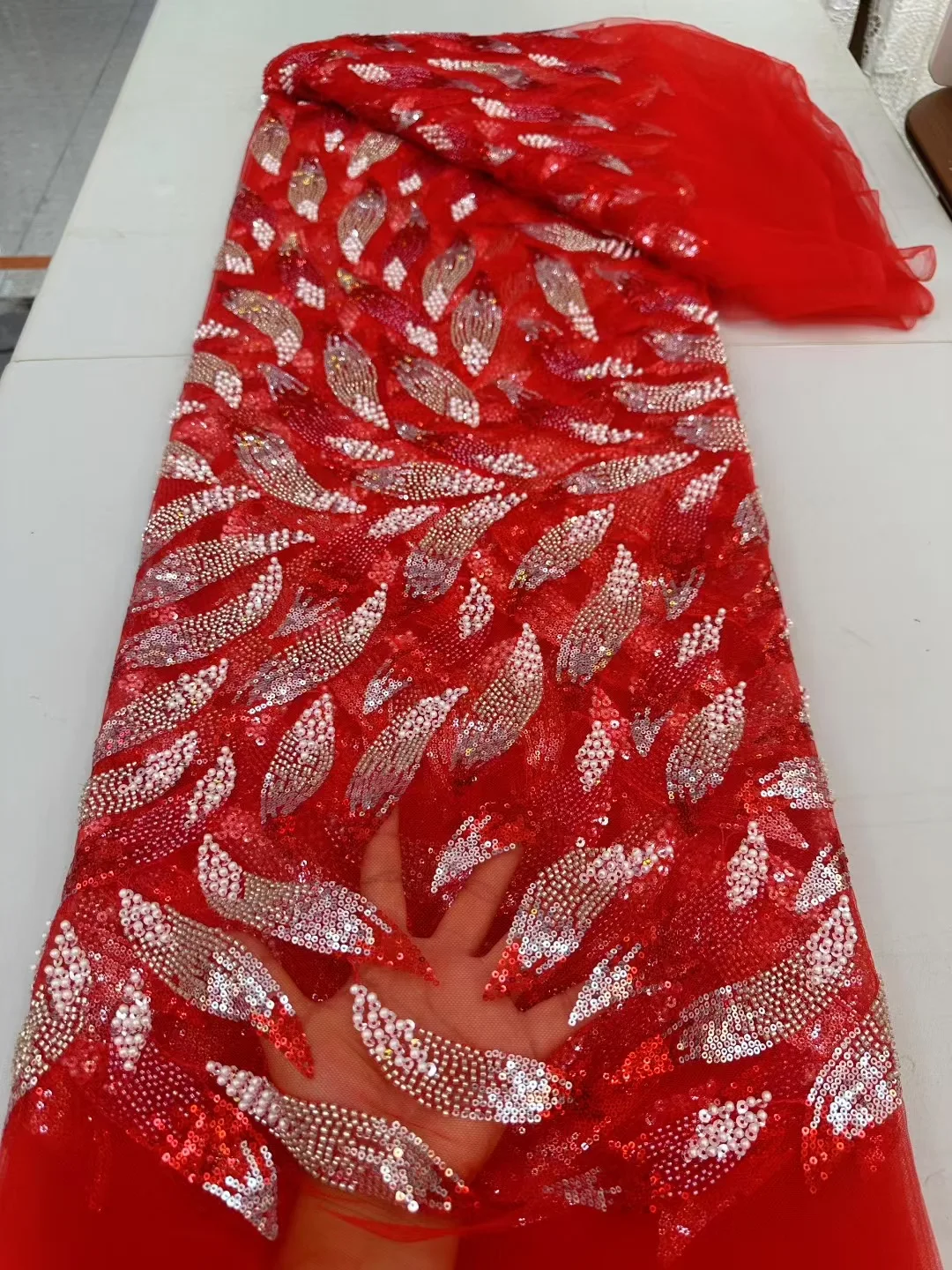 

New Design Fashion Africa Nigerian Artistic Pattern Handmade Embroidery Sequins Hot Sale French Beads Tulle Lace For Party Dress