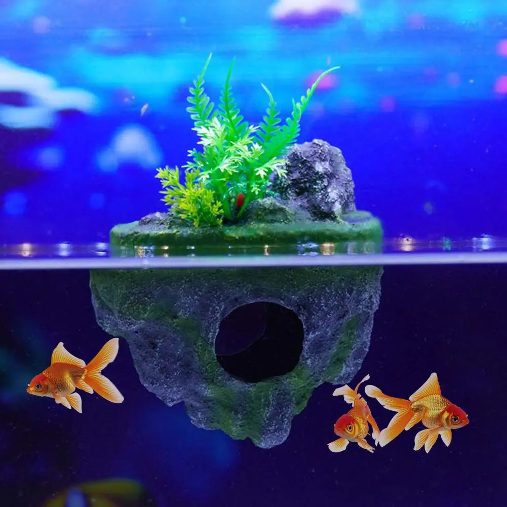 Floating Rock Aquarium Decoration Realistic Moss Rock Ornament with Cave Fish Tank Hideout Shelter for Betta Guppy Shrimp