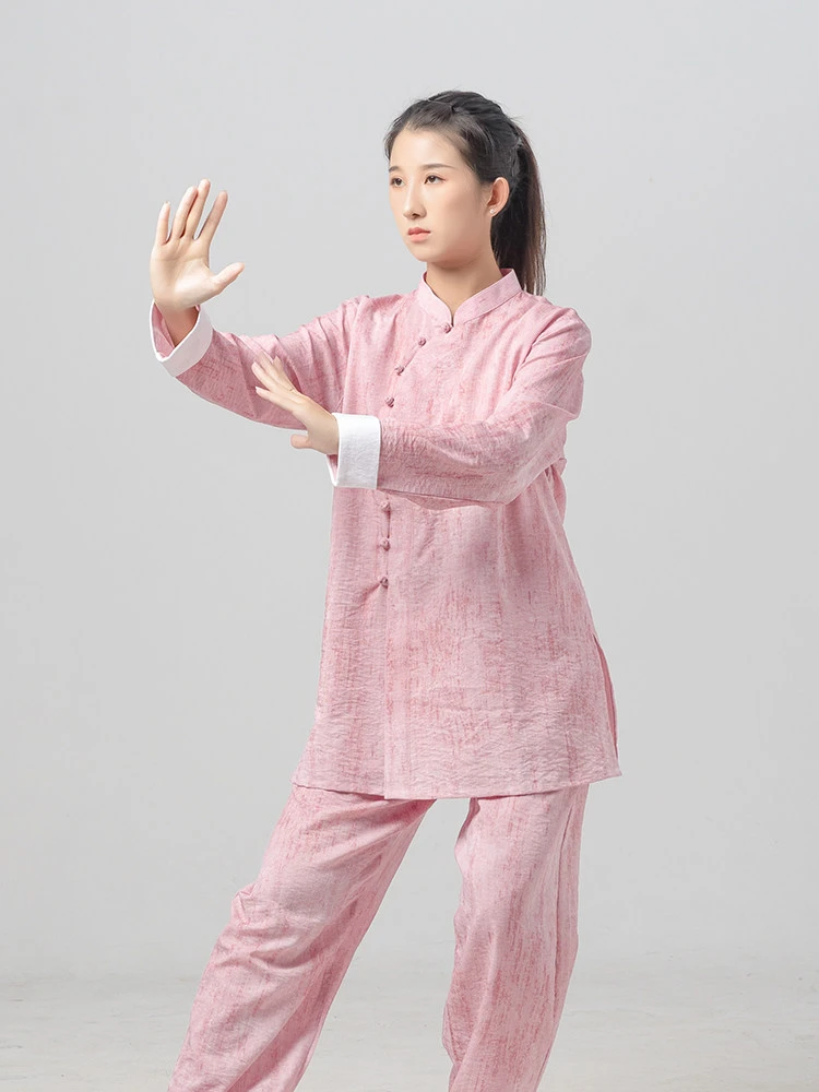 Women Tai Chi Suit Spring Autumn Diagonal Lapel Ba Duan Jin Training Chinese Style Brocade Linen Martial Arts Practice Set