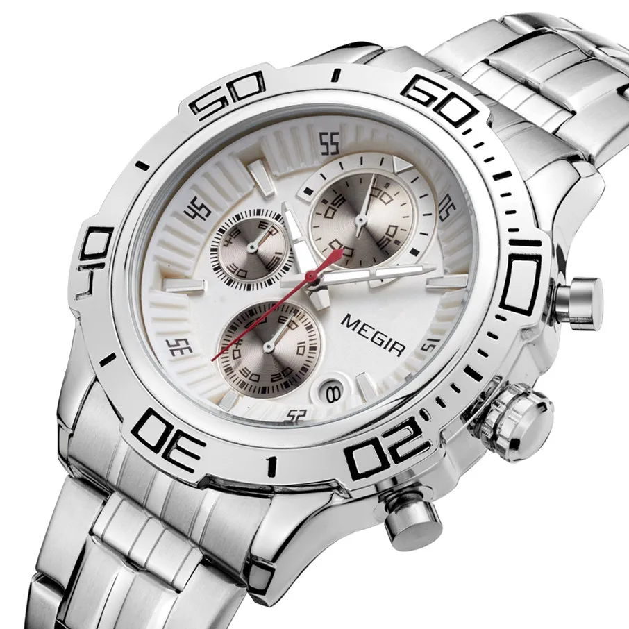 MEGIR 2019 Classic Men Watch Solid Stainless Steel Band Chronograph Calendar Luminous Hands Waterproof Quartz Watches