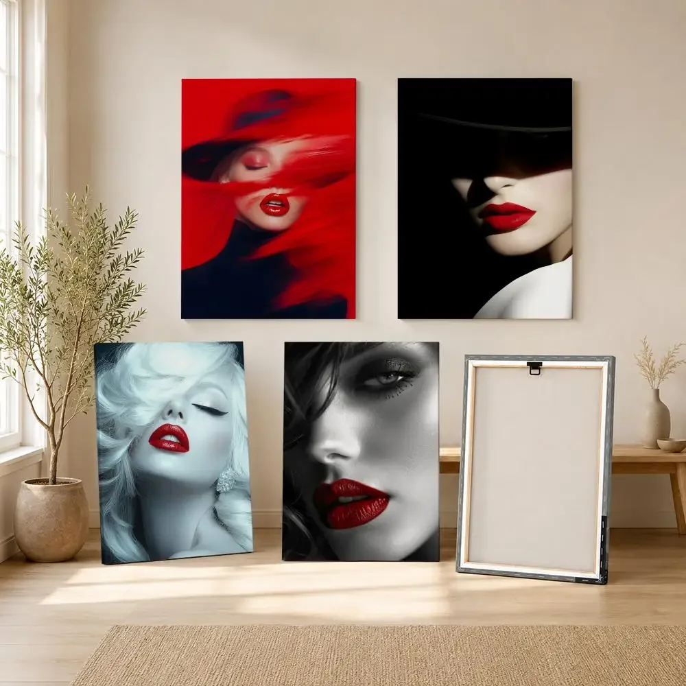 Vintage Fashion Red Lips Art Framed Wall Painting Framed Canvas Wall Art Print | Modern Poster | Home Hallway Decor