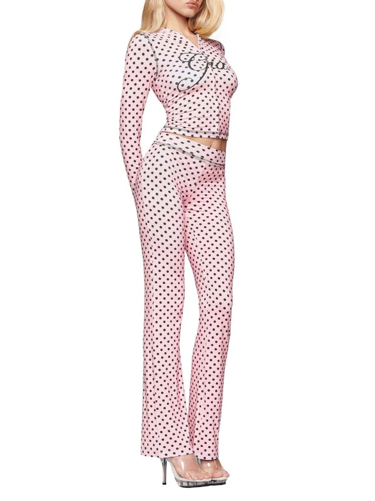 

Женский спортивный костюм в стиле Coquette Juicy Style, розовый, в горошек, с молнией, укороченный топ с длинными рукавами и расклешенные брюки, комплект из 2 предметов, в стиле Y2K