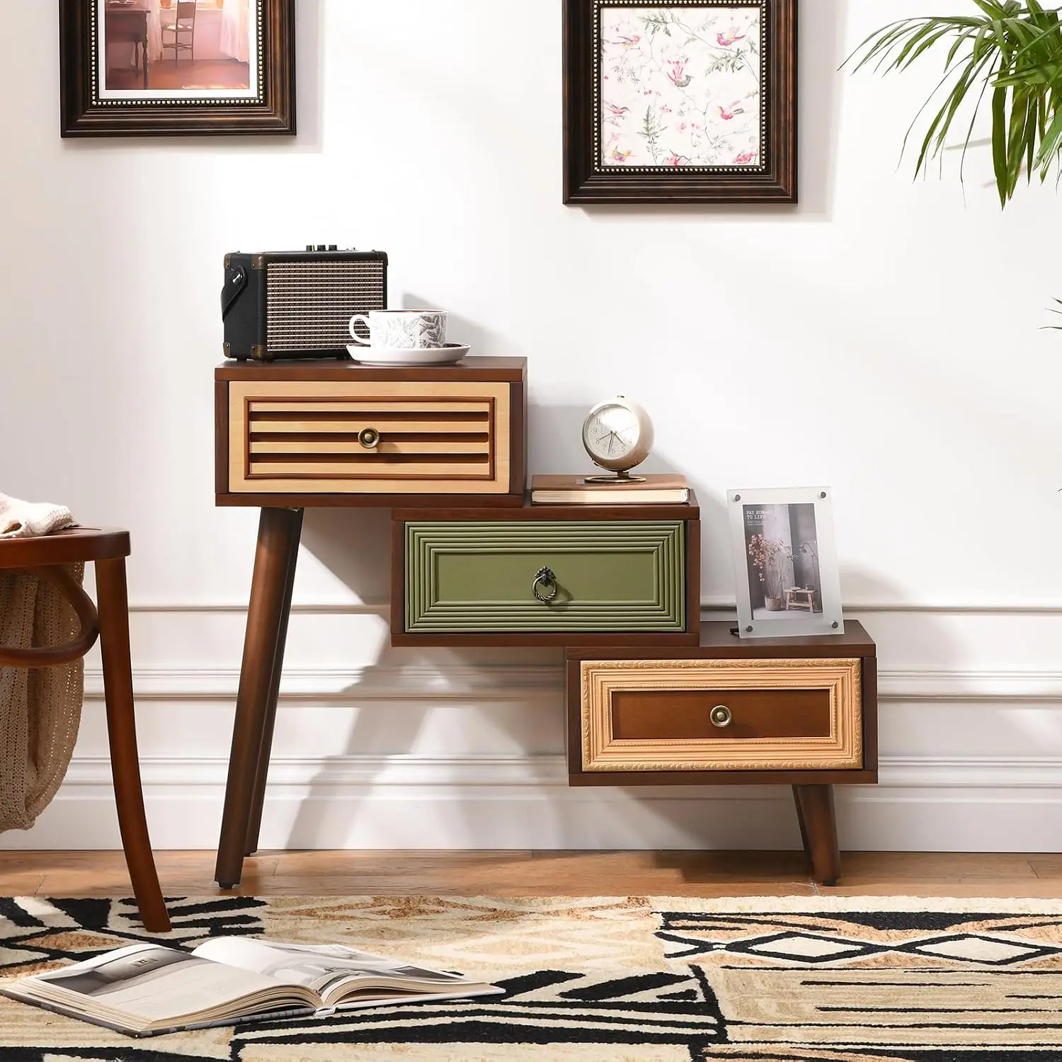 Vintage Accent Chest 3 Drawers Asymmetrical Hand-Carved Rustic Cabinet Side Table Living Room Entryway 30.5