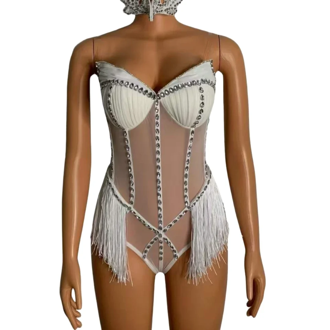 

Only Bodysuits White See Through Fringe Women Body Suits Rhinestone Drag Queen Costume Cheerleading Group Dance Wear