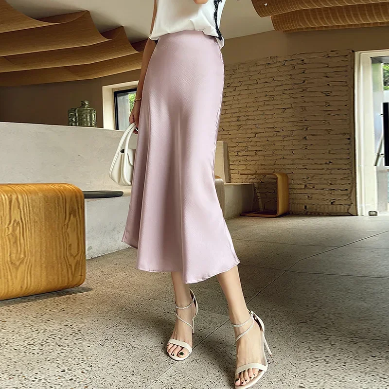 Summer New Women's High Waist Silk Skirt Mid-Length Satin Fishtail Umbrella Dress Elegant Hip Bag Simulation Skirt