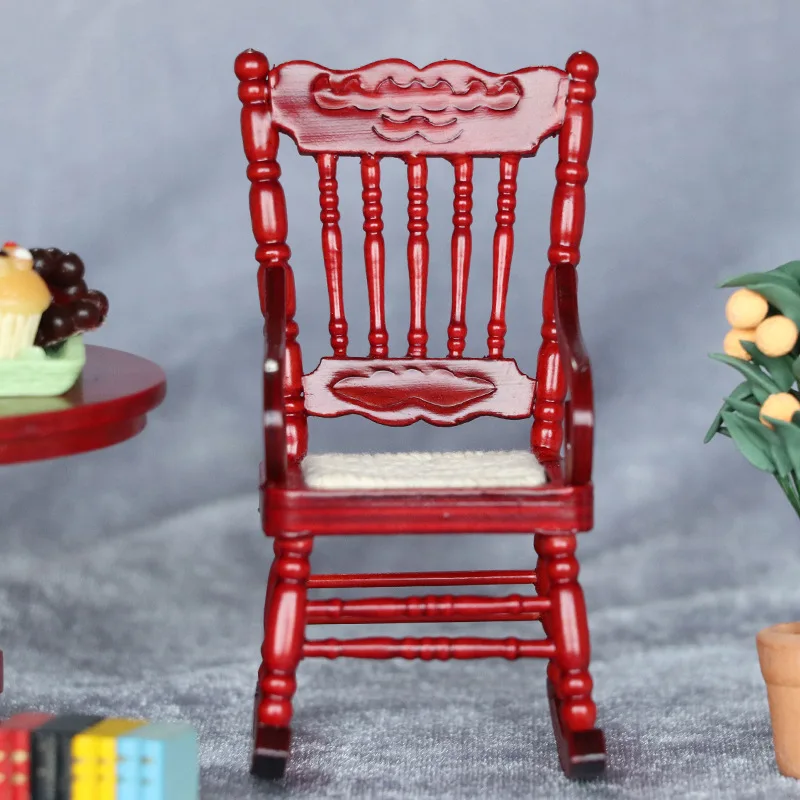 정교한 1:12 인형집 가구 미니어처 클래식 흔들의자 화이트 레드 우드 컬러 인형집 액세서리 모델 장난감