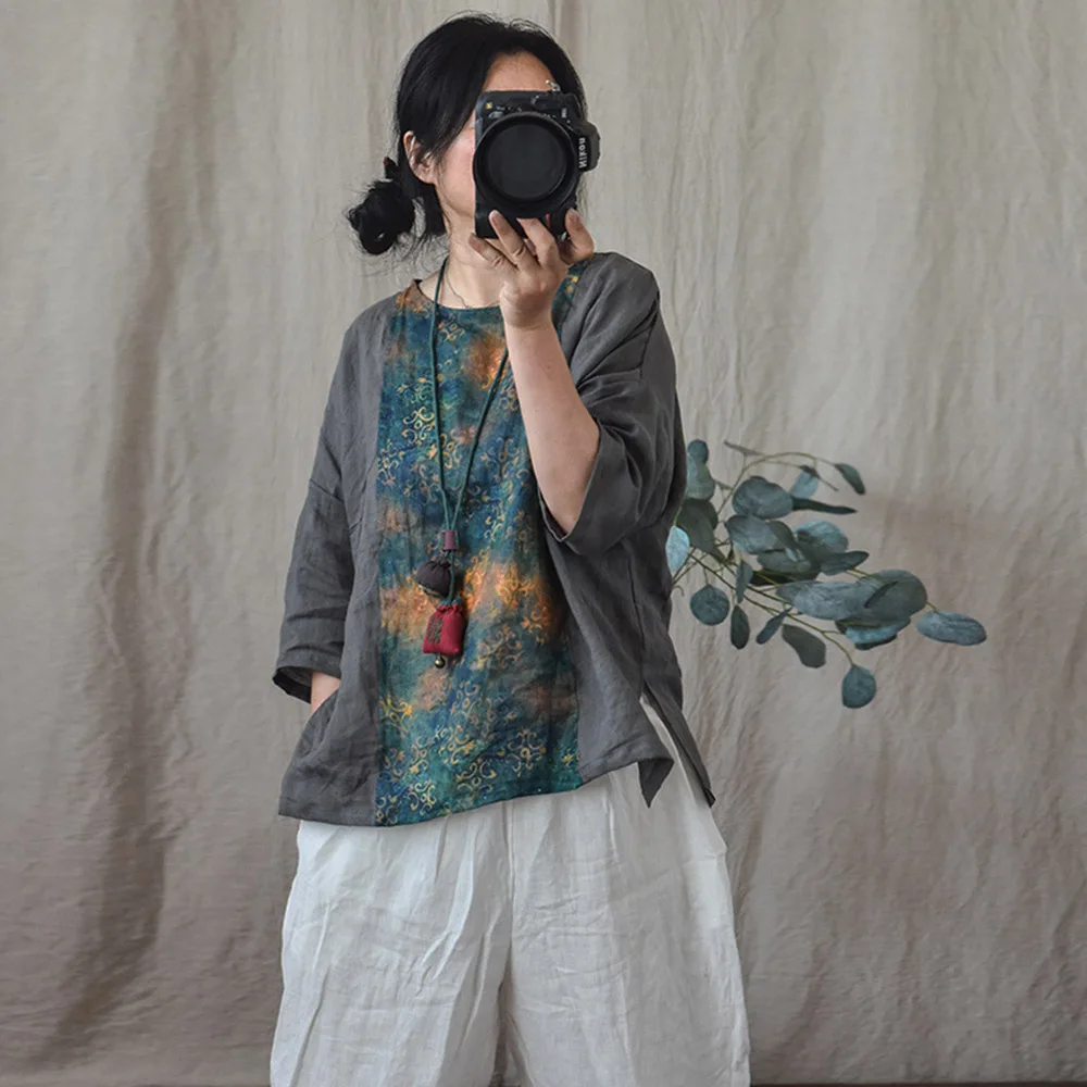 여름 빈티지 컨트리 스타일 블라우스 여성용 리넨 패치 워크 라미 셔츠 풀오버 라운드 넥 3/4 슬리브 캐주얼 루즈 쇼트 탑