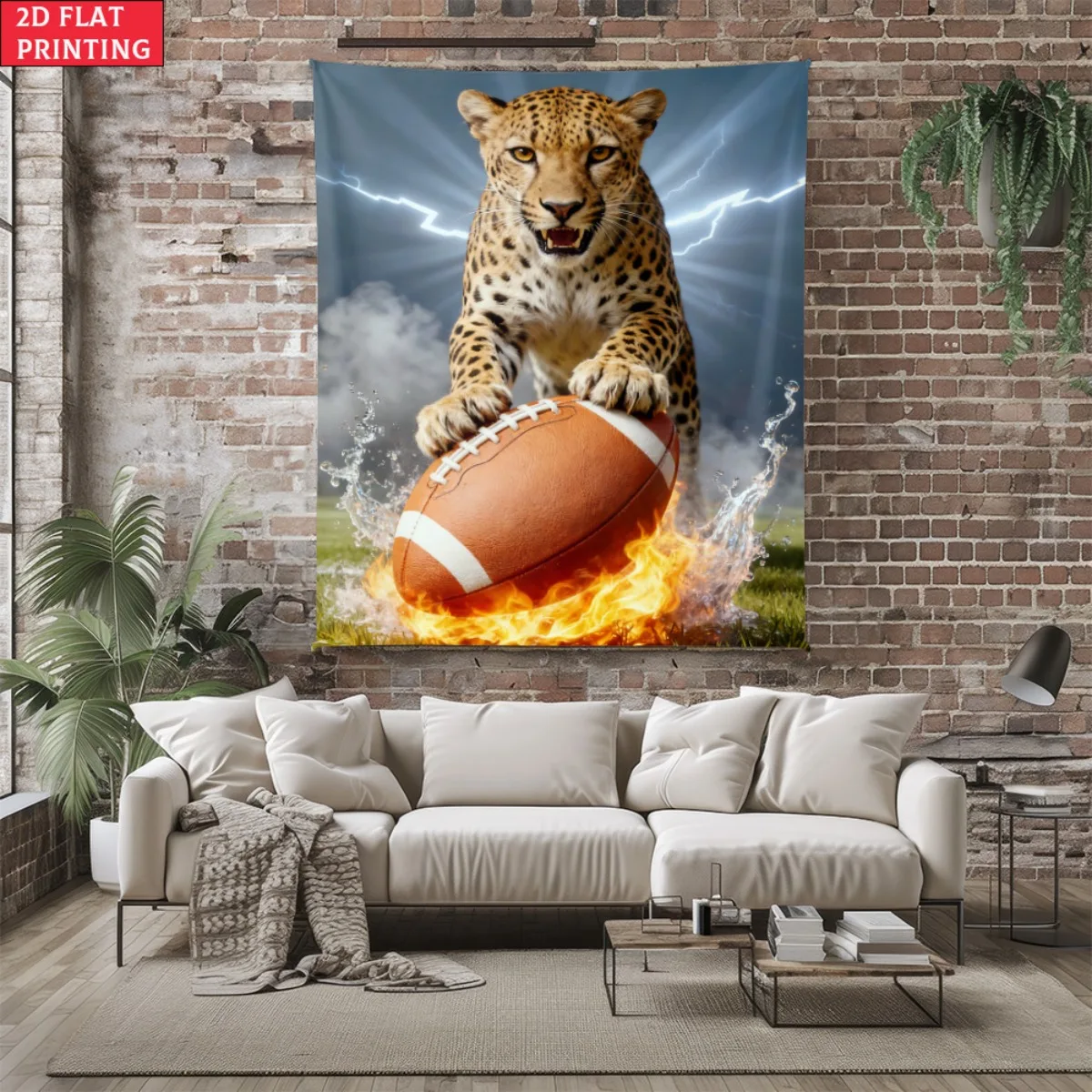 Tapiz con diseño de Jaguar jugando al fútbol, tapiz con diseño de gato salvaje con pelota de rugby en llamas, decoración para sala de deportes, adecuado para oficinas y fiestas