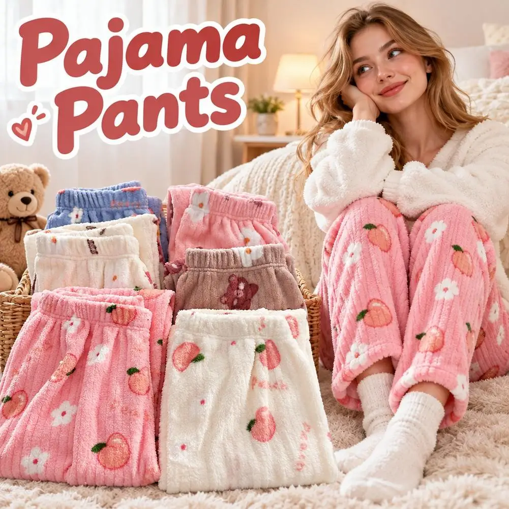 Thick Warm Fleece Pajama Pants Women Winter Coral Flannel Thermal Sleepwear Trousers Cute Bear Casual Loose Lounge Bottoms Home