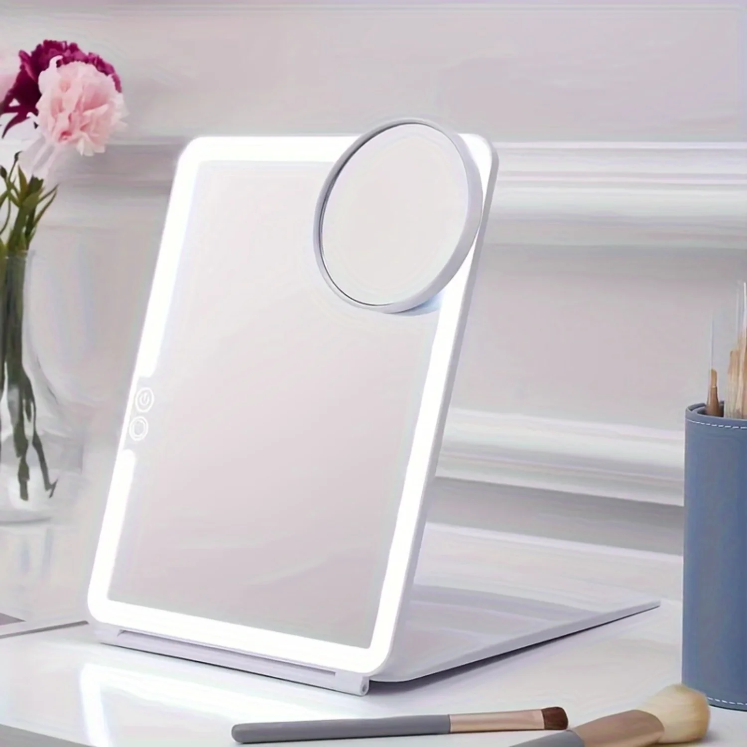 Portable LED Cosmetic Mirror with 10X Magnifying Glass - Large Tinting Mirror, Desktop Folding Design, Flip Cover with Light