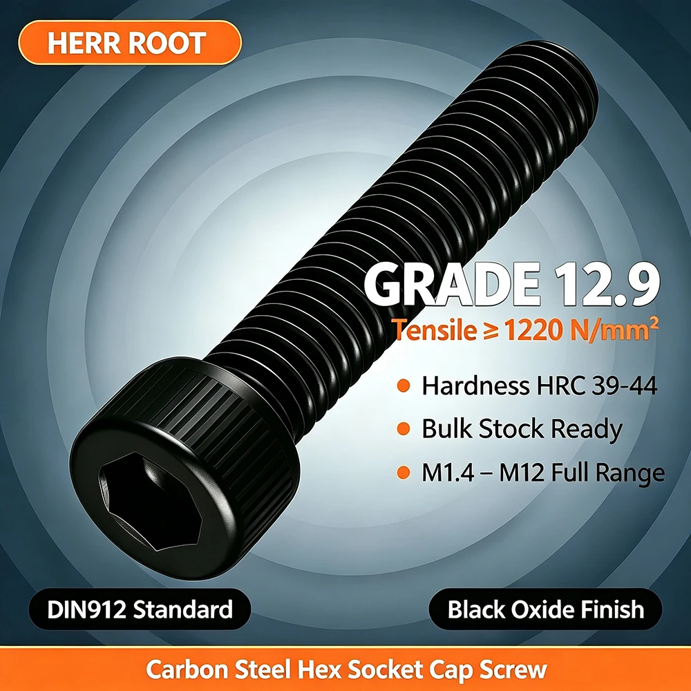 DIN912 12.9 Grade High Tensile Hex Socket Cap Screws Alloy Steel Black Oxide for Automotive/Machinery M1.4-M12 Length 2-70mm