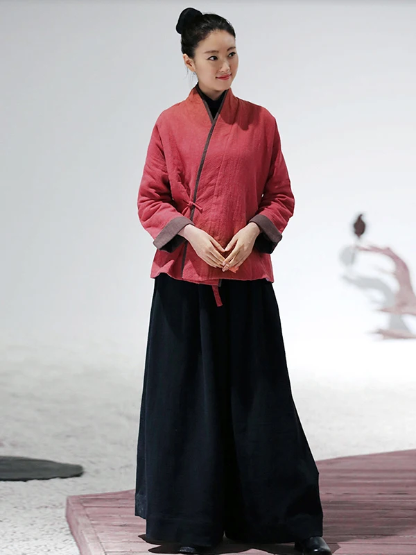 เสื้อแจ็คเก็ตผ้าฝ้ายสไตล์เรโทรสำหรับผู้หญิง ตกแต่งกระดุมแบบเซน ทรงหลวม ให้ความอบอุ่น ใช้เป็นเสื้อคลุมด้านนอกได้ สีพื้น คอวี สไตล์จีน