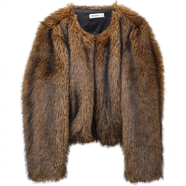 

For Female Short Warm Fluffy Fur Lady's Coat Gradient Autumn Winter Women's Eco Fur Coat Round Neck Pockets Artificial Fur Coat