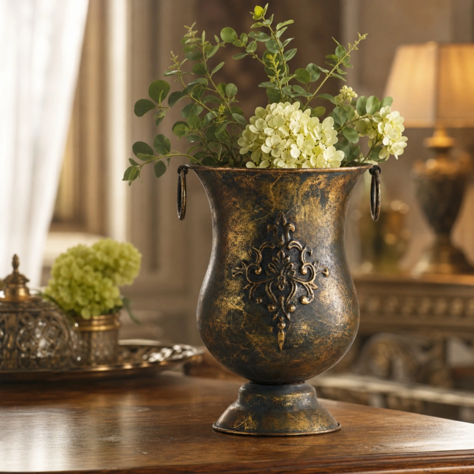 Decorative Metal Vase Antique Decorative Iron Vase Urn Planter Vintage Retro for Decorators, Tabletop, Mantel