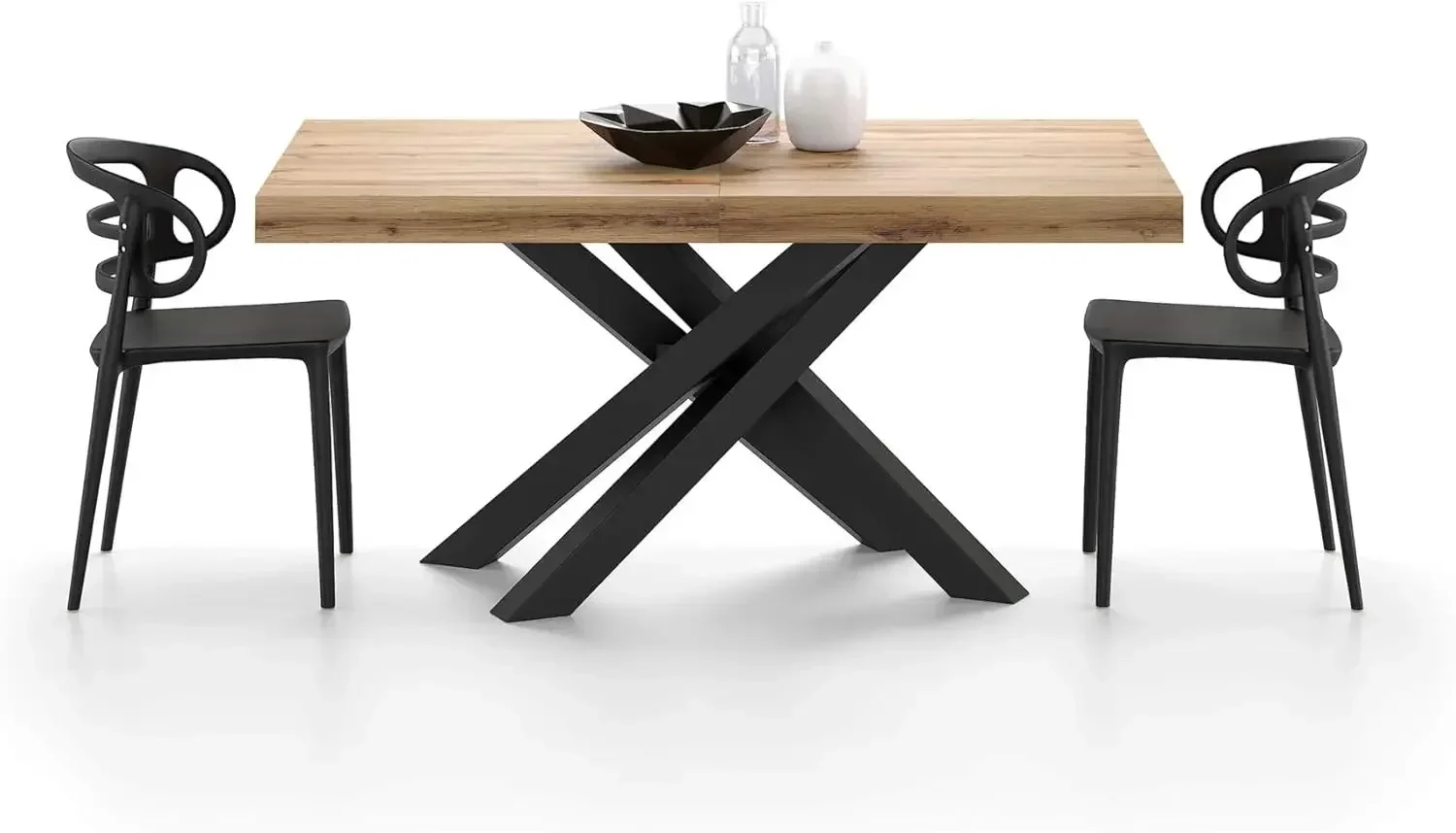 (XMSJ-Hot)Emma 63(94,5) x35,4 بطاولة طعام قابلة للتمديد، بلوط ريفي مع أرجل متقاطعة سوداء، تتسع لـ 6-10 أشخاص، طعام قابل للتوسيع