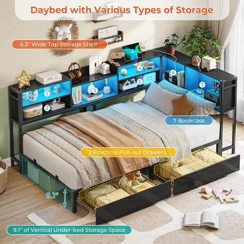 DICTAC Twin XL Bed e with Bookcase Storage and Led Lights Metal Platorm Bed e with 2 Ders & Charging Station Twin XL Daybed or K view 6