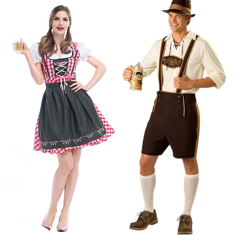 Man Women Oktoberfest Costume Dirndl Lederhosen Outfit Traditional Bavaria Beer Party Halloween Fancy Dress