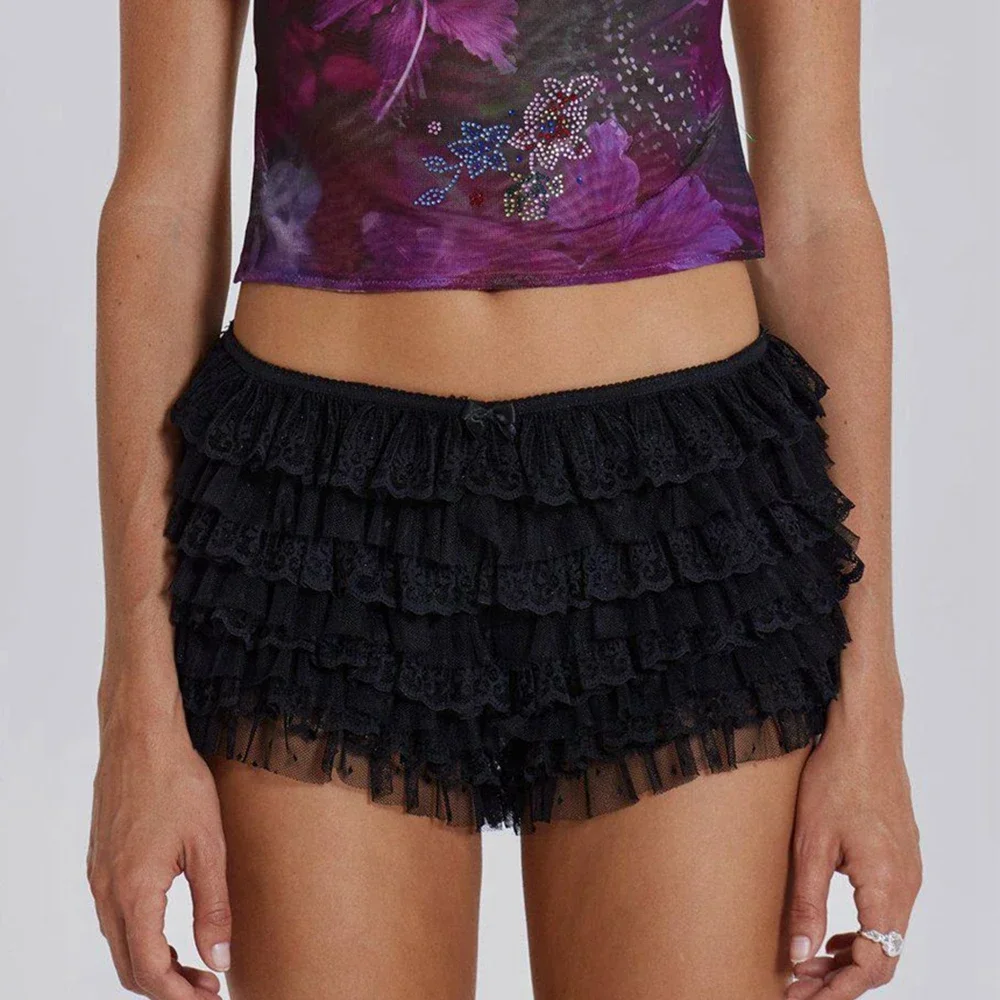 Short bouffant en maille et dentelle pour femmes, Y2k, superposé, à volants, butin, nœud papillon féerique, Sexy, pour garçon, culotte, vêtements de fête, Clubwear