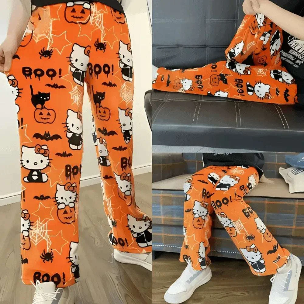Hello Kitty Halloween Couple Flannel Pajama Bottoms Orange Pumpkin Bat Cartoon Print Soft Sleep Pants Cozy Home Loungewear