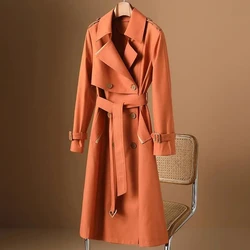 2023 Spring Autumn Women's Jacket With Beit Temperament British Style Long Double-Breasted Waist Strap Suit Collar Windbreaker O