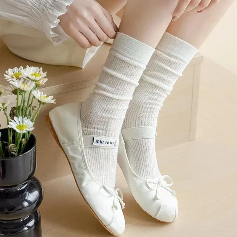 1 Pair Women Spring Summer Thin Hollow Out Long Loose Socks Sweet Lolita JK Breathable Cotton Knitting Pink Mike Sox
