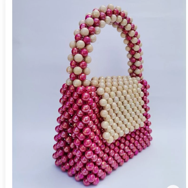 Cute Girl Pink White Spliced Pearl Handbags for Women New Ins Fashion Party Banquet Women's Bags Customized Woven Beaded Bag