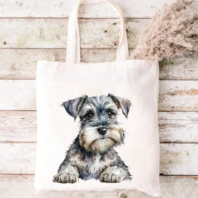 Cartoon Schnauzer Print White Canvas Tote Bag Large Capacity Shopping Bag Lightweight All-Match Versatile Reusable Shoulder Bag